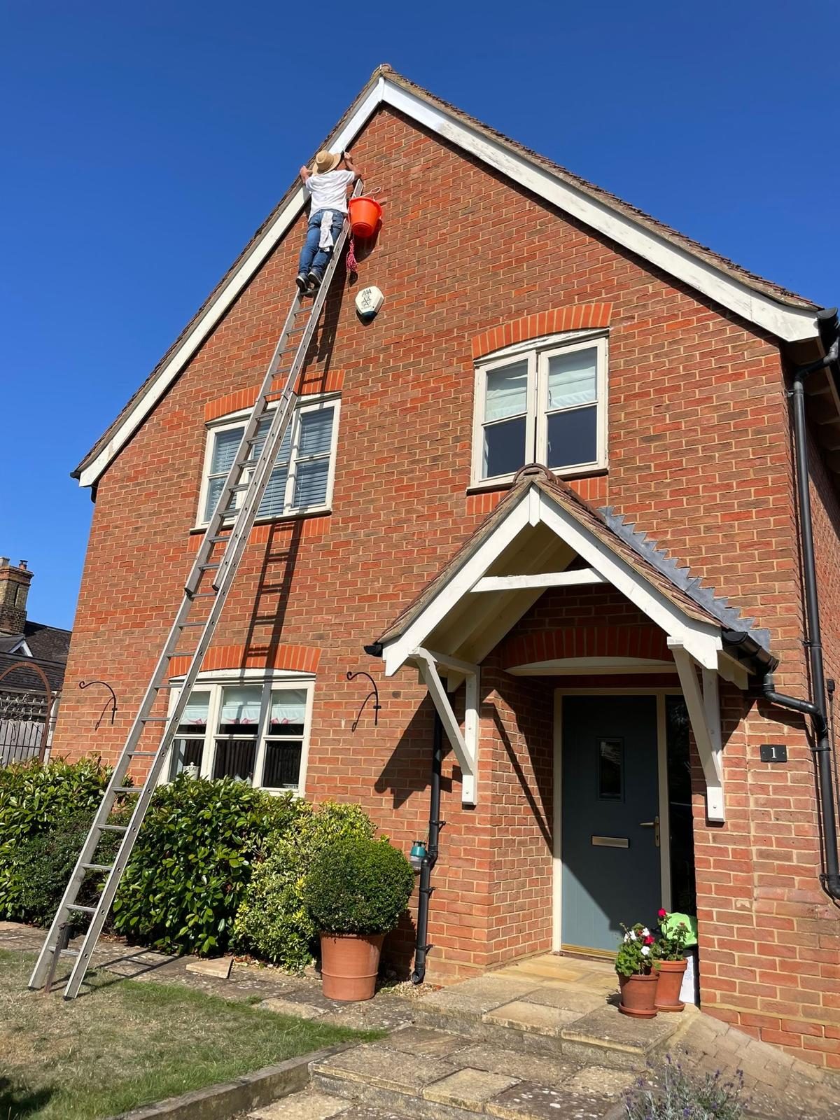 Working from a ladder on the gable fascias of a red brick house